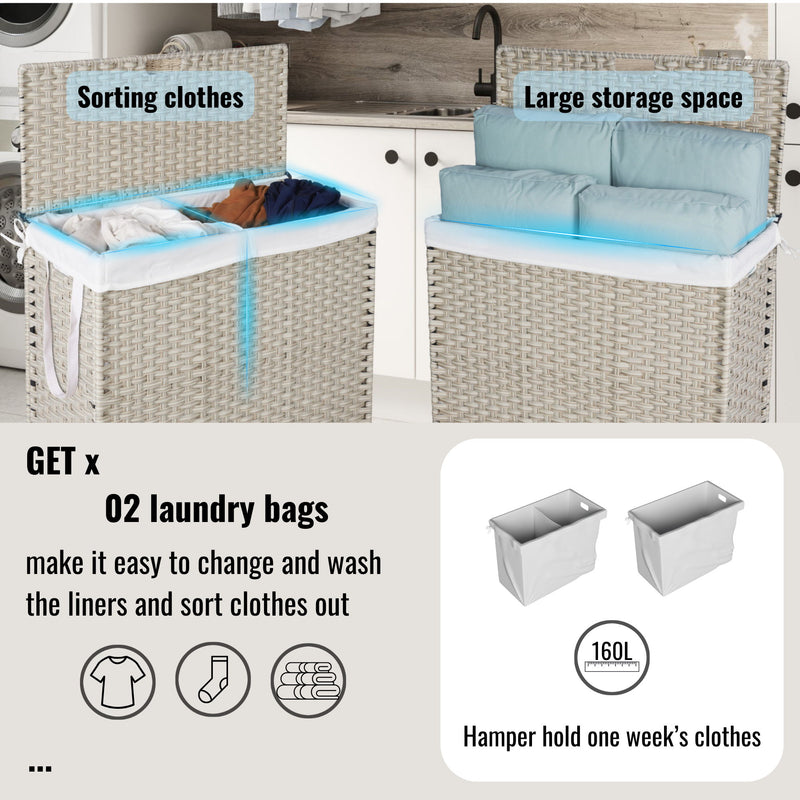 Laundry Hamper With Lid PE Rattan Powder Coating Frame Clothes Hampers With 2 Removable Bags