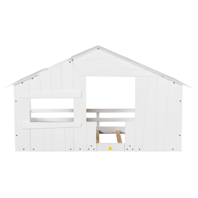 Wood Twin Size House Bed with Roof, Window and Guardrail, White