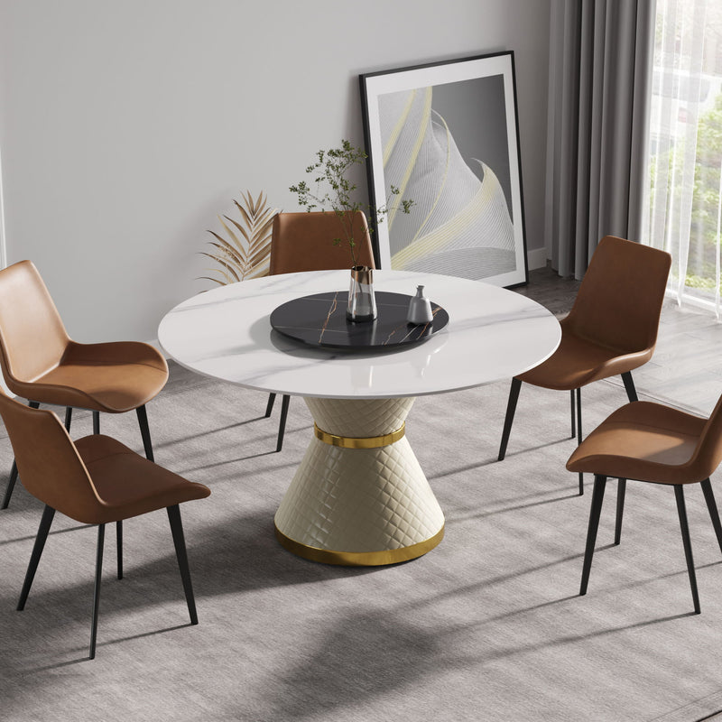 Modern Artificial Stone Round Carbon Steel Base Dining Table, Can Accommodate 6 People - White / Black