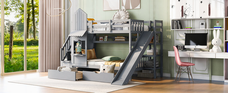 Twin-Over-Twin Castle Style Bunk Bed with 2 Drawers 3 Shelves and Slide - Gray