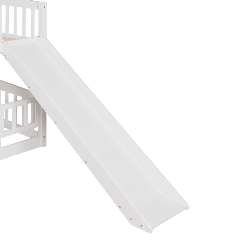 Bunk Bed with Slide,Full Over Full Low Bunk Bed with Fence and Ladder for Toddler Kids Teens White