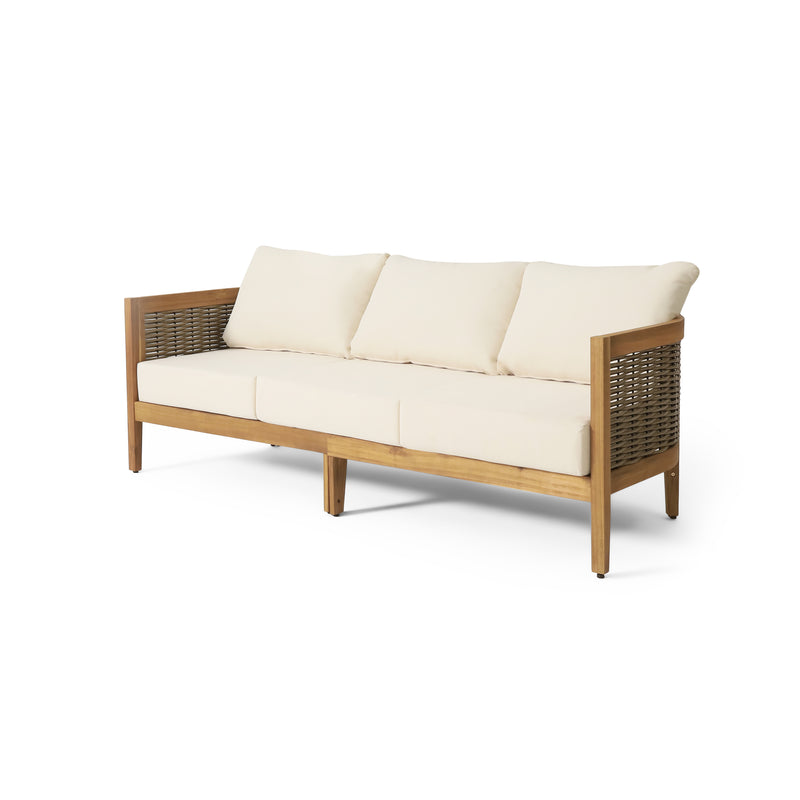 76.5'' Outdoor Acacia Wood and Round Wicker 3 Seater Patio Sofa, Teak + Mixed Brown + Beige