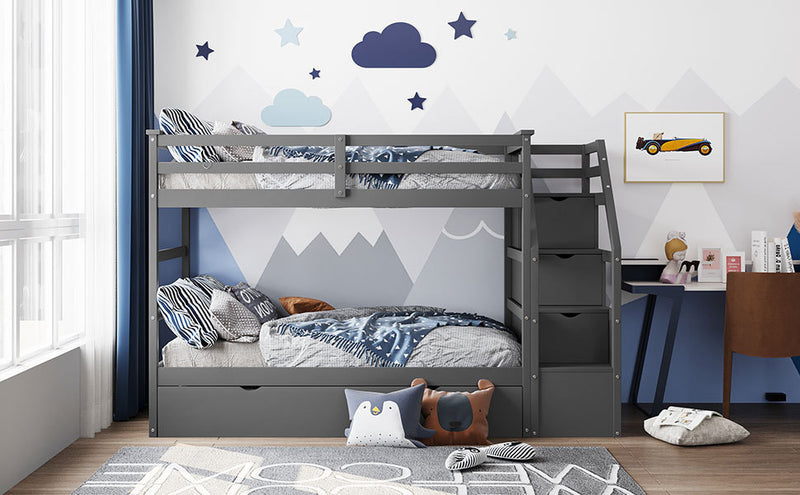 Twin-Over-Twin Bunk Bed with Twin Size Trundle and 3 Storage Stairs,Gray (OLD SKU :LP000064AAE)