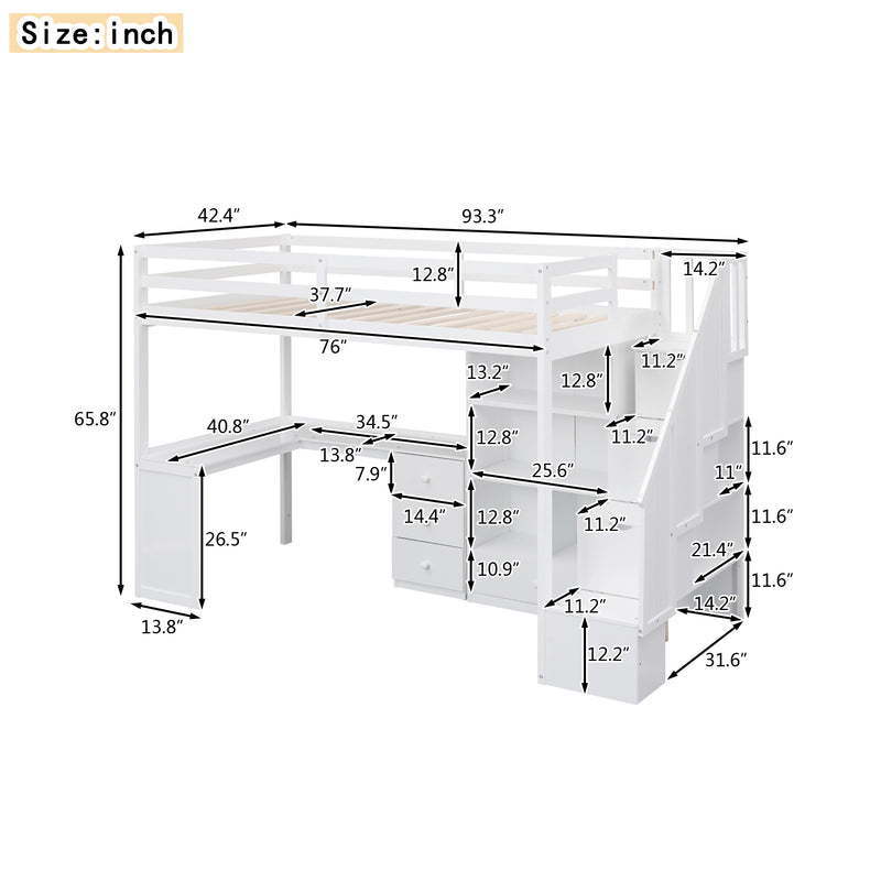 Twin Size Loft Bed with L-Shaped Desk and Drawers, Cabinet and Storage Staircase, White