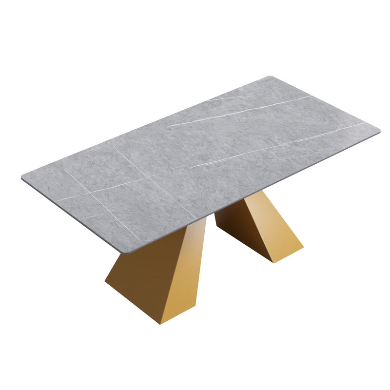 70.87" Modern Artificial Stone Gray Straight Edge Golden Metal Leg Dining Table, Can Accommodate 6-8 People - Gray / Gold