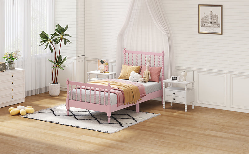 Twin Size Wood Platform Bed with Gourd Shaped Headboard and Footboard, Pink