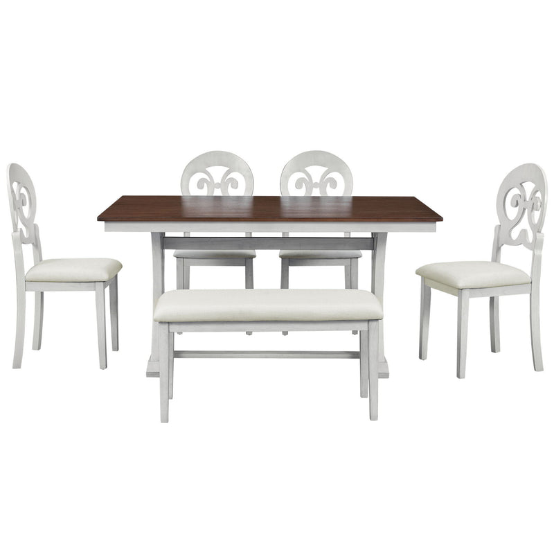 Topmax - 6 Piece Mid-Century Trestle Table Set With Victorian Round Upholstered Dining Chairs And Long Bench - Antique White / Cherry