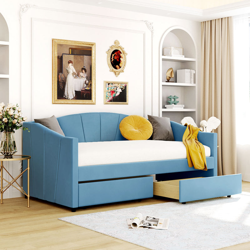 Upholstered daybed Twin Size with Two Drawers and Wood Slat  ,Blue