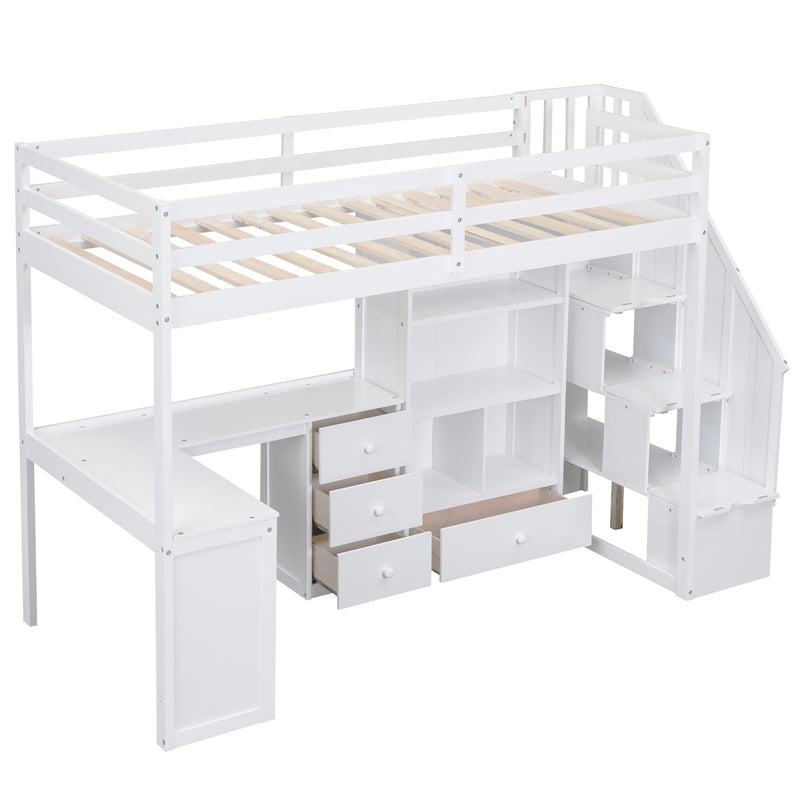 Twin Size Loft Bed with L-Shaped Desk and Drawers, Cabinet and Storage Staircase, White