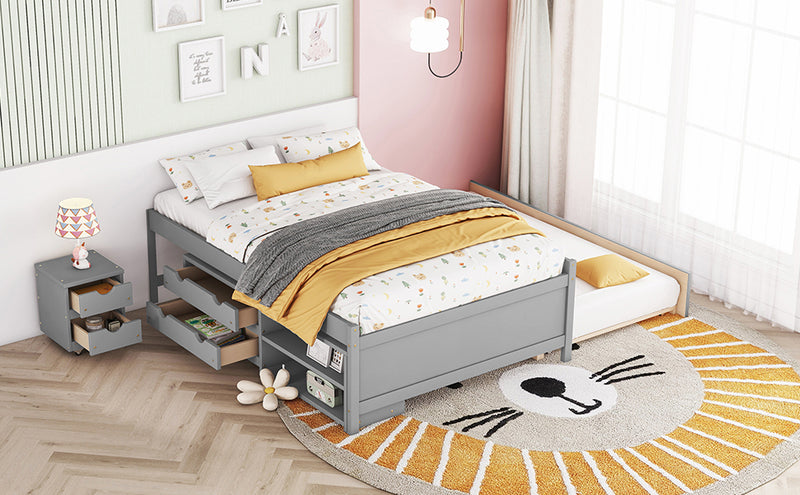 Versatile Full Bed with Trundle,Under bed Storage Box and Nightstand .Grey