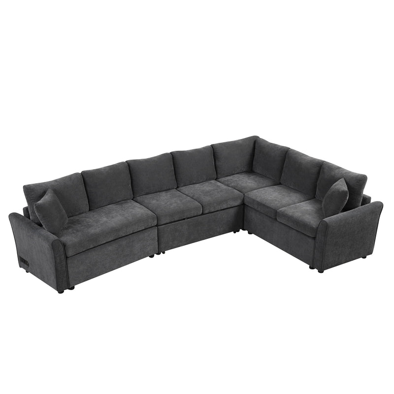 L-Shaped Sofa Convertible Sofa Bed Pull Out Sofa Sleeper With Two Back Pillows, Two USB Ports And Two Power Sockets For Living Room