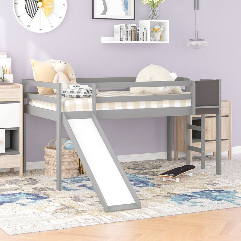 Twin size Loft Bed Wood Bed with Slide, Stair and Chalkboard,Gray(OLD SKU :WF282115AAE)