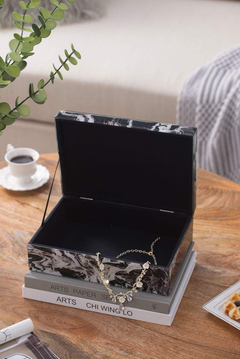 Marbled Jewelry Box, Stackable Decorative Storage Boxes With Lids - Black