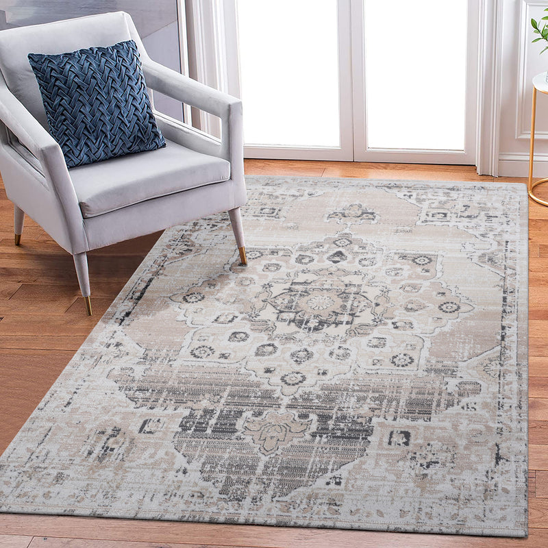 6' x 9' Medallion Non-Shedding Living Room Bedroom Dining Home Office Stylish And Stain Resistant Area Rug - Cream / Beige