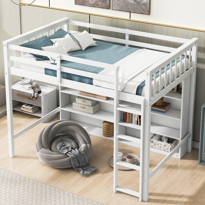 Twin Size Loft Bed with 8 Open Storage Shelves and Built-in Ladder, White