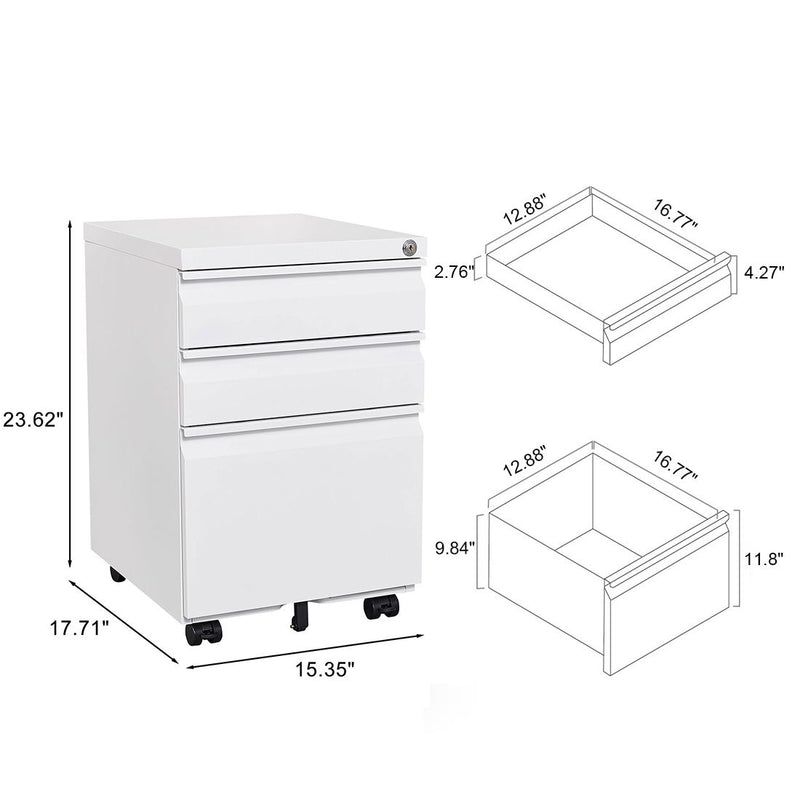 3 Drawer Mobile File Cabinet With Lock, Office Storage Filing Cabinet For Legal / Letter Size Metal File Cabinet Except Wheels Under Desk