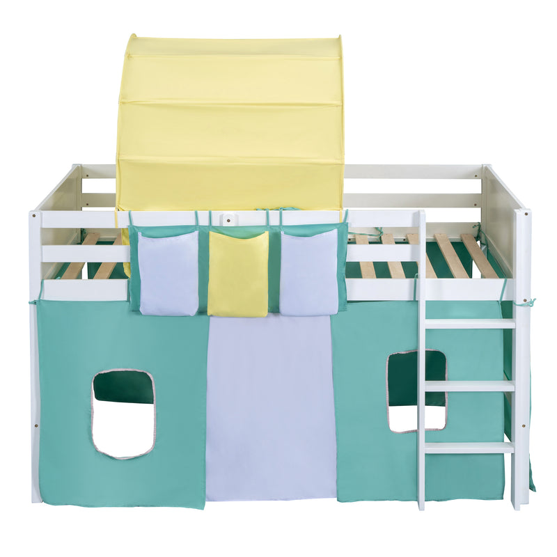 Twin Size Loft Bed with Tent and Tower  and  Three Pockets- Green