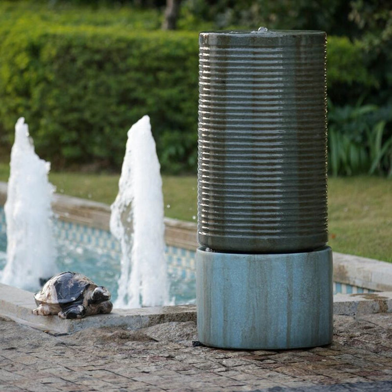 Tall Large Round Ribbed Tower Water Fountain, Verge Bronze, Cement Outdoor Bird Feeder / Bath Fountain