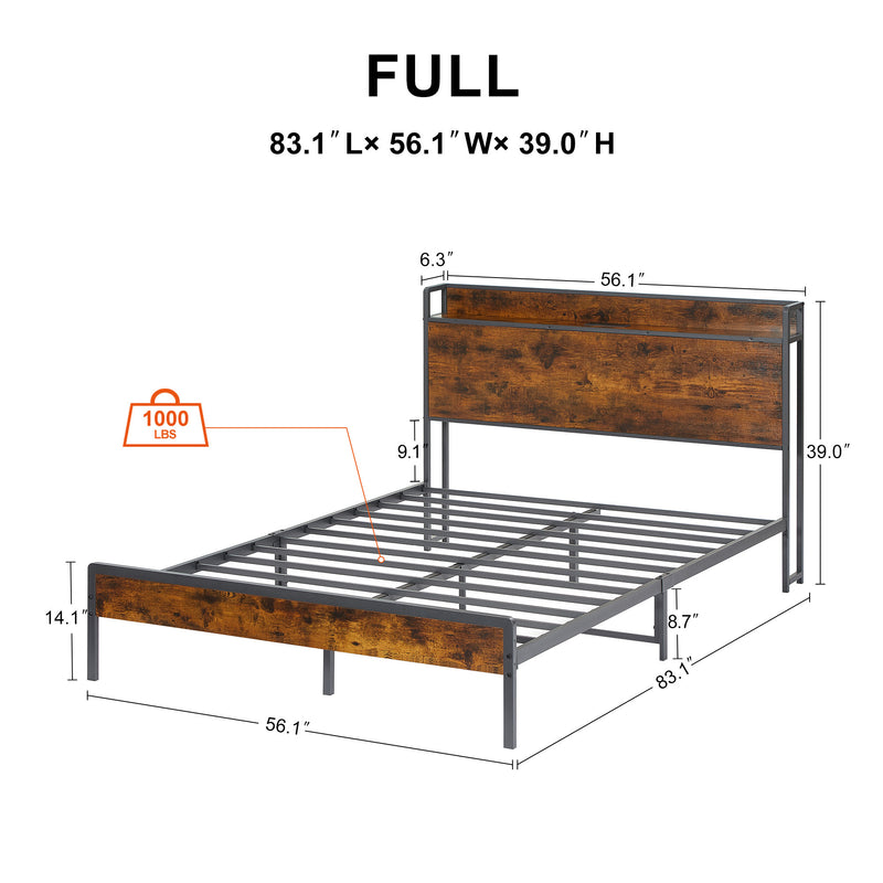 Bed frame with charging station full size, Rustic Brown, 83.1'' L x 56.1'' W x 39'' H