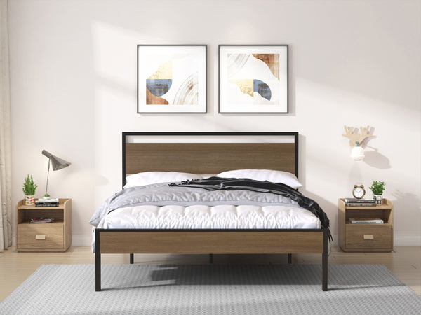 Ceres Metal Bed, Black with Cinnamon Wood Headboard & Footboard, Queen