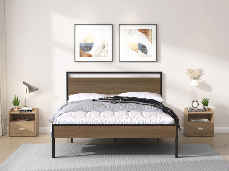 Ceres Metal Bed, Black with Cinnamon Wood Headboard & Footboard, Queen