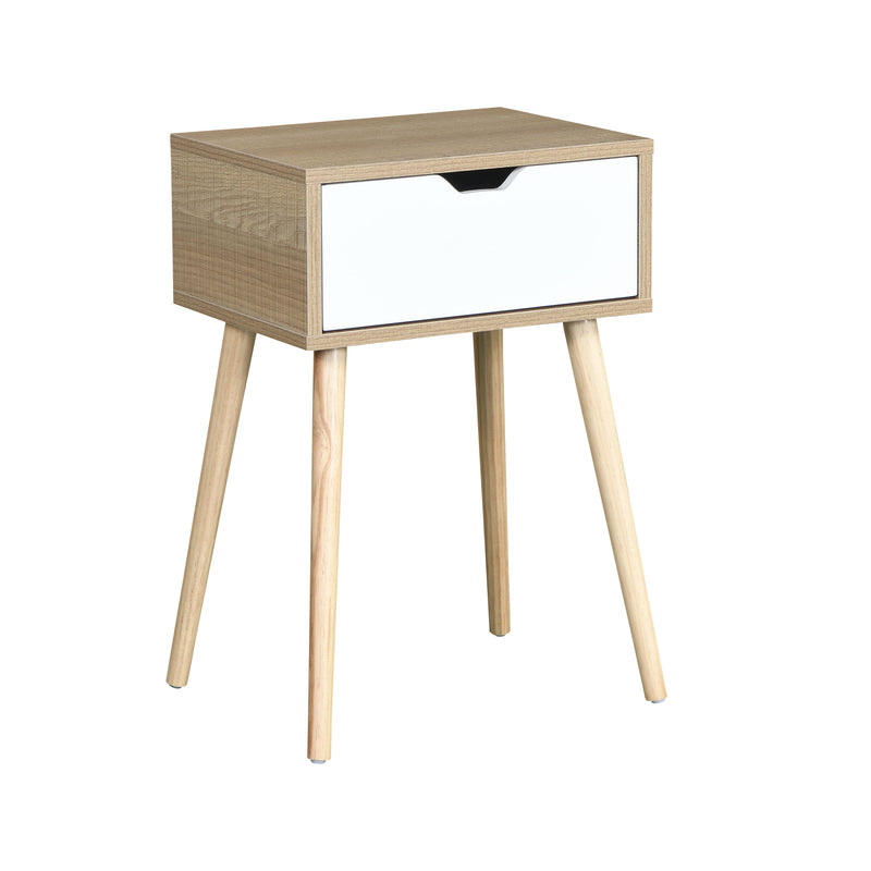 Side Table With 1 Drawer, Mid-Century Modern Storage Cabinet For Bedroom - White / Wood