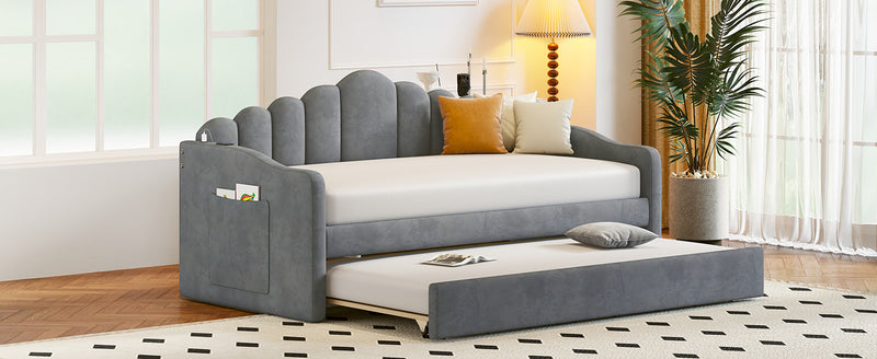 Twin size Upholstered Daybed with Trundle ,Velvet Sofabed with USB Charging Ports,No Box-spring Needed,Gray