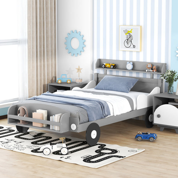 Twin Size Car-Shaped Platform Bed,Twin Bed with Storage Shelf for Bedroom,Gray