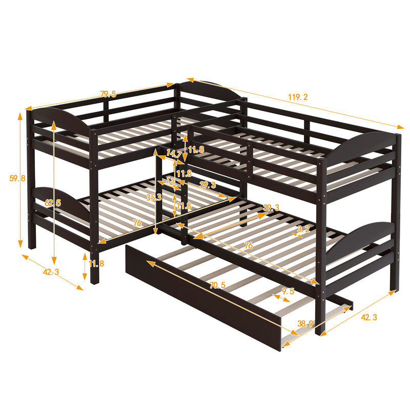 Twin L-Shaped Bunk bed with Trundle-Espresso{OLD SKU:LP000024AAP}