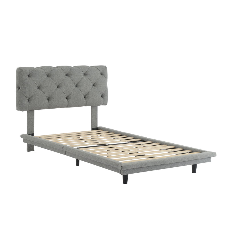 Twin Size Upholstered Bed with Light Stripe, Floating Platform Bed, Linen Fabric,Gray