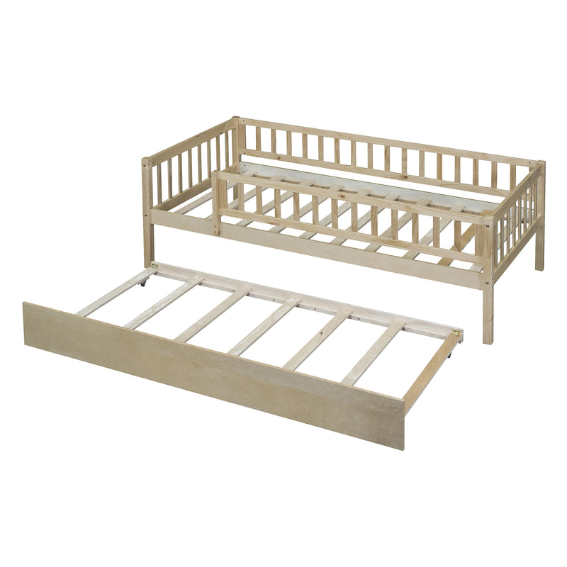 Twin Size Wood Daybed with Trundle and Fence Guardrails, Natural