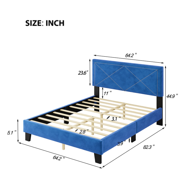 Simple Queen Size Upholstered Bed Frame with Rivet Design, Modern Velvet Platform Bed with headboard, Blue