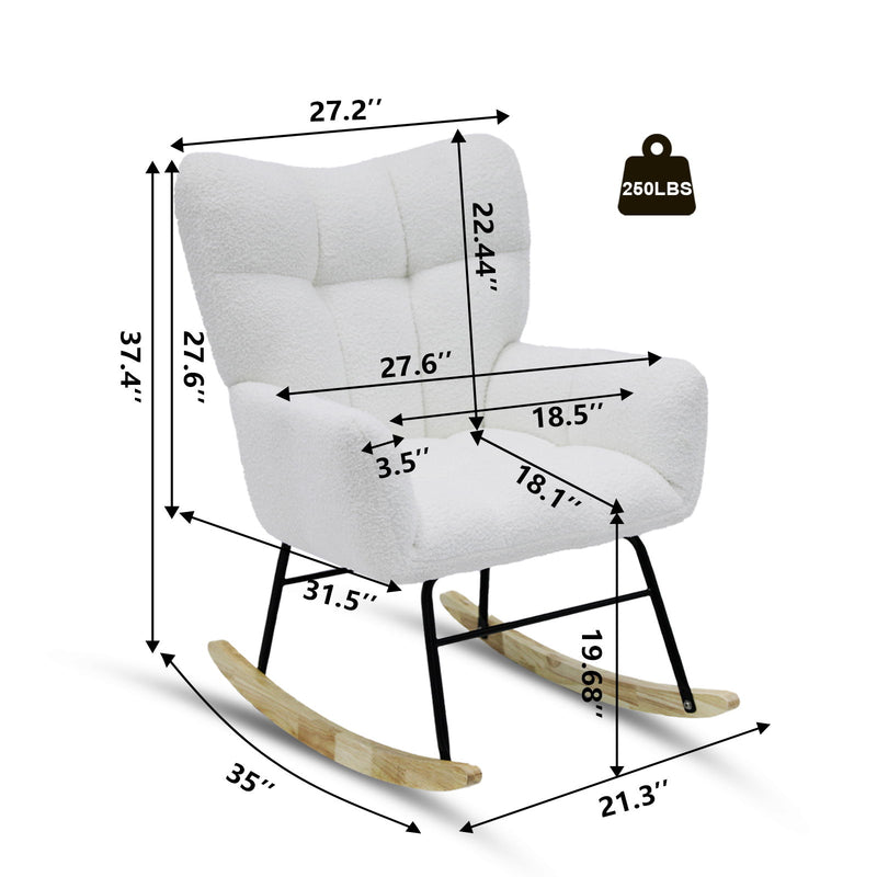 Modern Rocking Chair, Teddy Fabric Chair With High Backrest, Rocking Accent Chairs For Nursery, Living Room, Bedroom - White