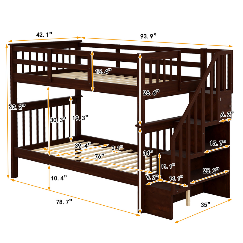 Stairway Twin-Over-Twin Bunk Bed with Storage and Guard Rail for Bedroom, Dorm, Espresso color(OLD SKU :LP000109AAP)