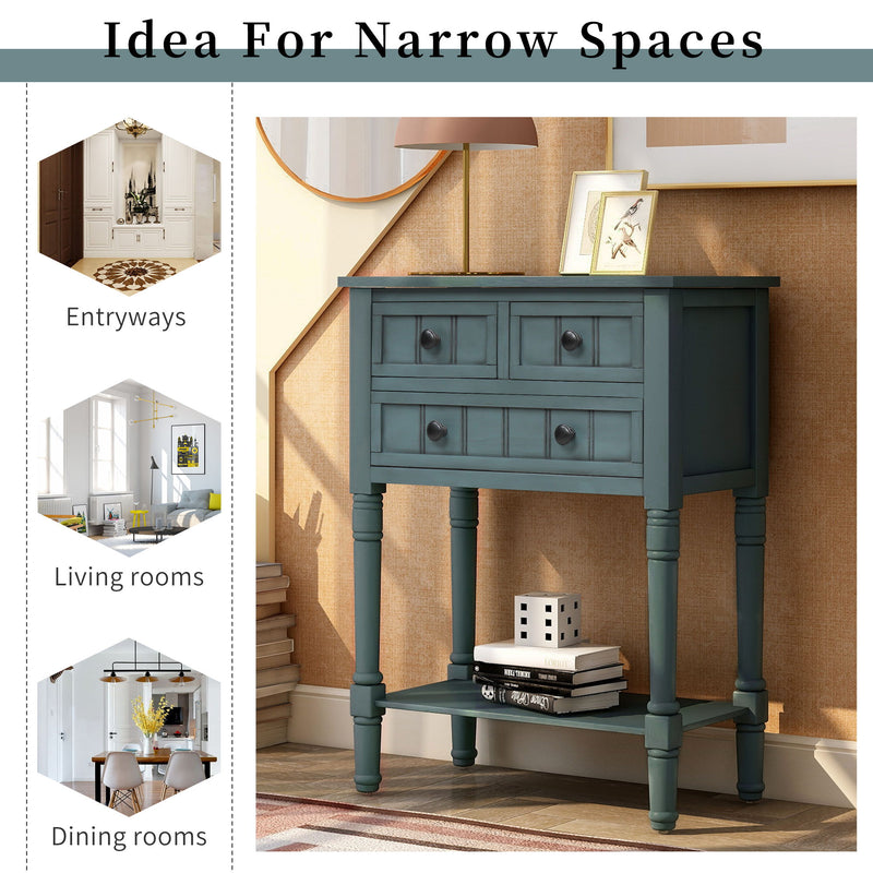 Narrow Console Table, Slim Sofa Table With Three Storage Drawers And Bottom Shelf