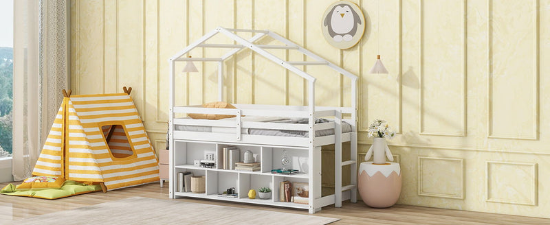 Twin House Loft Bed With Roof Frame, Under Bed Shelving Storage Unit, Guardrails, Ladder - White