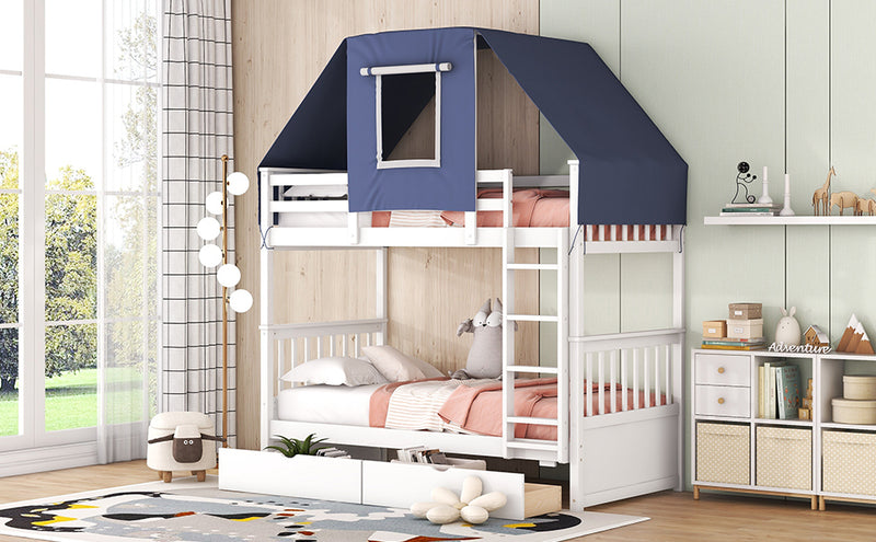 Twin Over Twin Bunk Bed Wood Bed with Tent and Drawers, White+Blue Tent