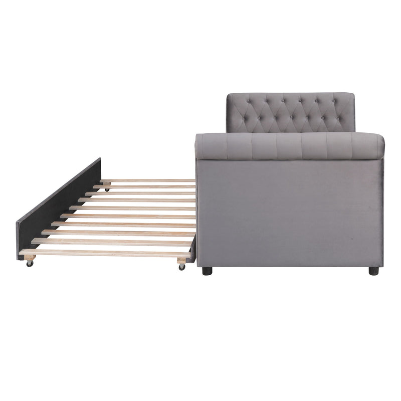 Twin Size Upholstered Daybed With Trundle, Wood Slat Support - Gray