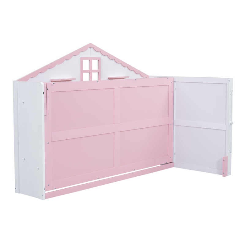 Wood Twin Size House Murphy Bed with USB, Storage Shelves and Blackboard, Pink+White