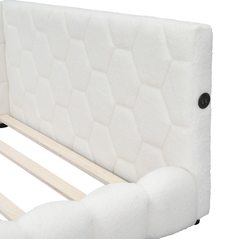 Upholstered Full Size platform bed with USB Ports and LED belt, White