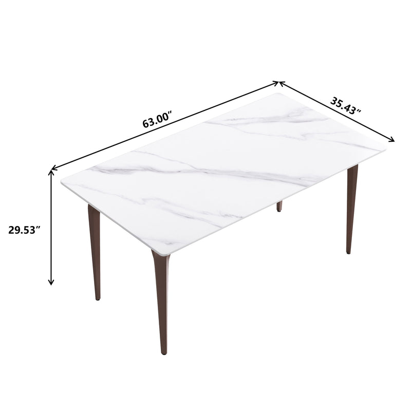 63" Modern Artificial Stone Straight Edge Metal Leg Dining Table, 6 People - White