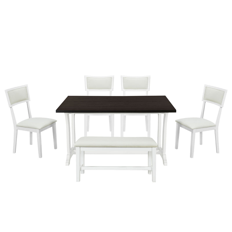 Topmax - 6 Piece Farmhouse Trestle Dining Table Set With Upholstered Dining Chairs And Bench - White