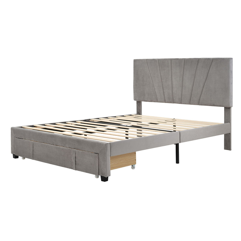 Queen Size Storage Bed Velvet Upholstered Platform Bed With A Big Drawer - Gray