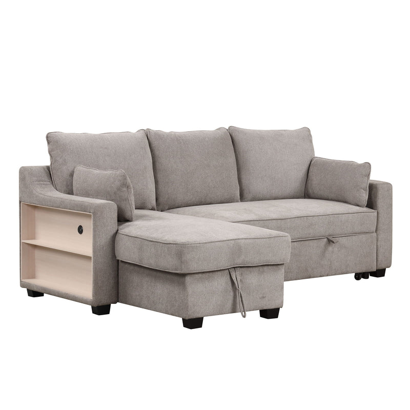 Pull Out Sleeper Sofa L-Shaped Couch Convertible Sofa Bed With Storage Chaise, Storage Racks And USB Ports