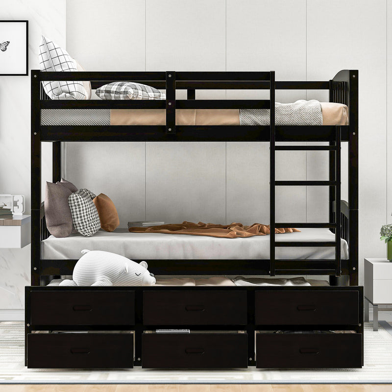 Twin over Twin Wood Bunk Bed with Trundle and Drawers, Espresso