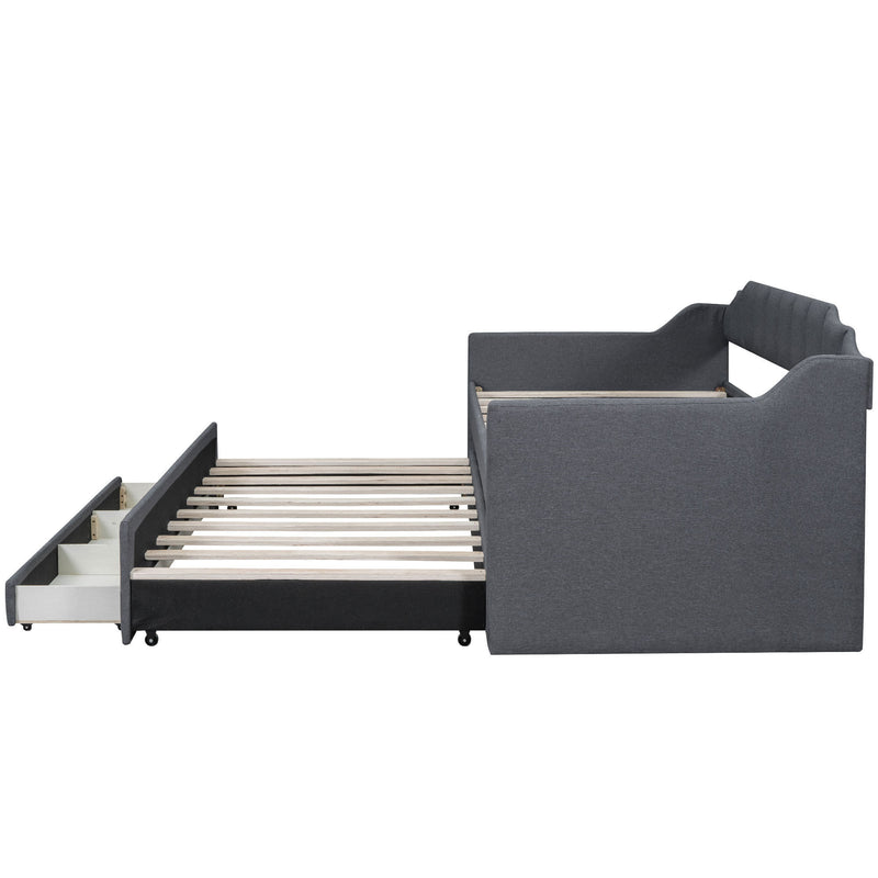 Twin Size Upholstered Daybed with Trundle and Three Drawers,Gray