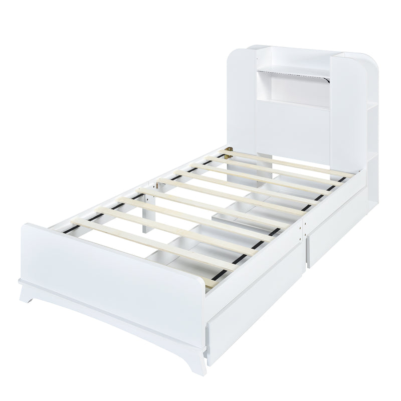 Twin Size Storage Platform Bed Frame with with Two Drawers and Light Strip Design in Headboard,White