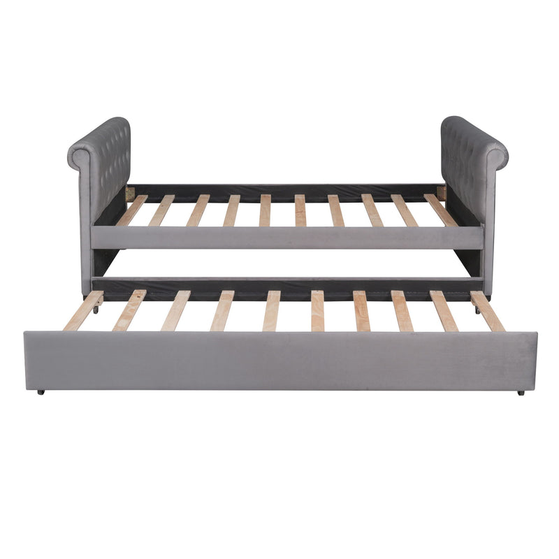 Twin Size Upholstered Daybed With Trundle, Wood Slat Support - Gray