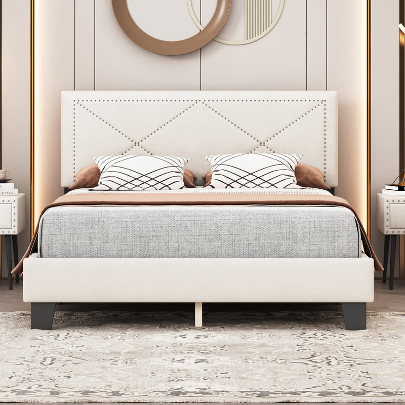 Simple Queen Size Upholstered Bed Frame with Rivet Design, Modern Velvet Platform Bed with headboard, Beige