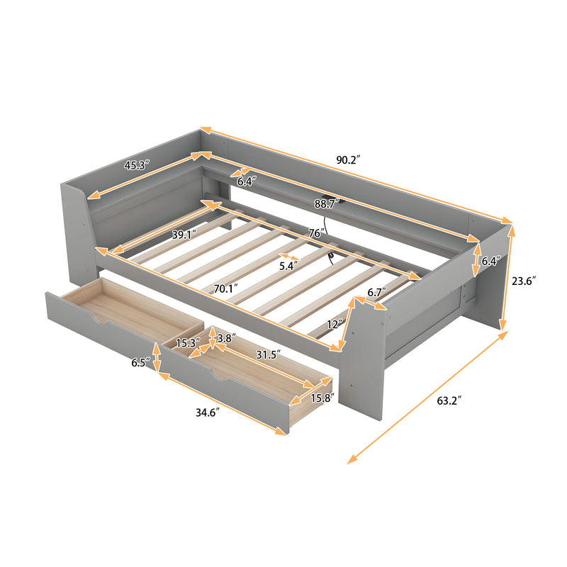 Twin Size Daybed with Shelves, Drawers and Built-In Charging Station, Gray